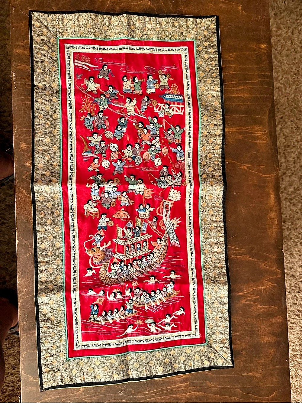 Red & Gold Embroidered Decorative Throw silk Chinese silk children boat